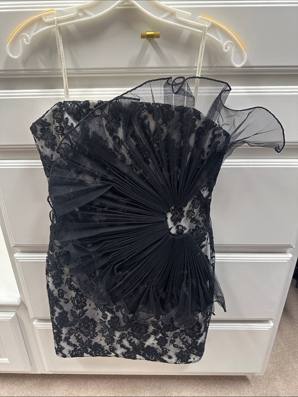 Black Lace Strapless Dress with Dramatic Tulle Rosette